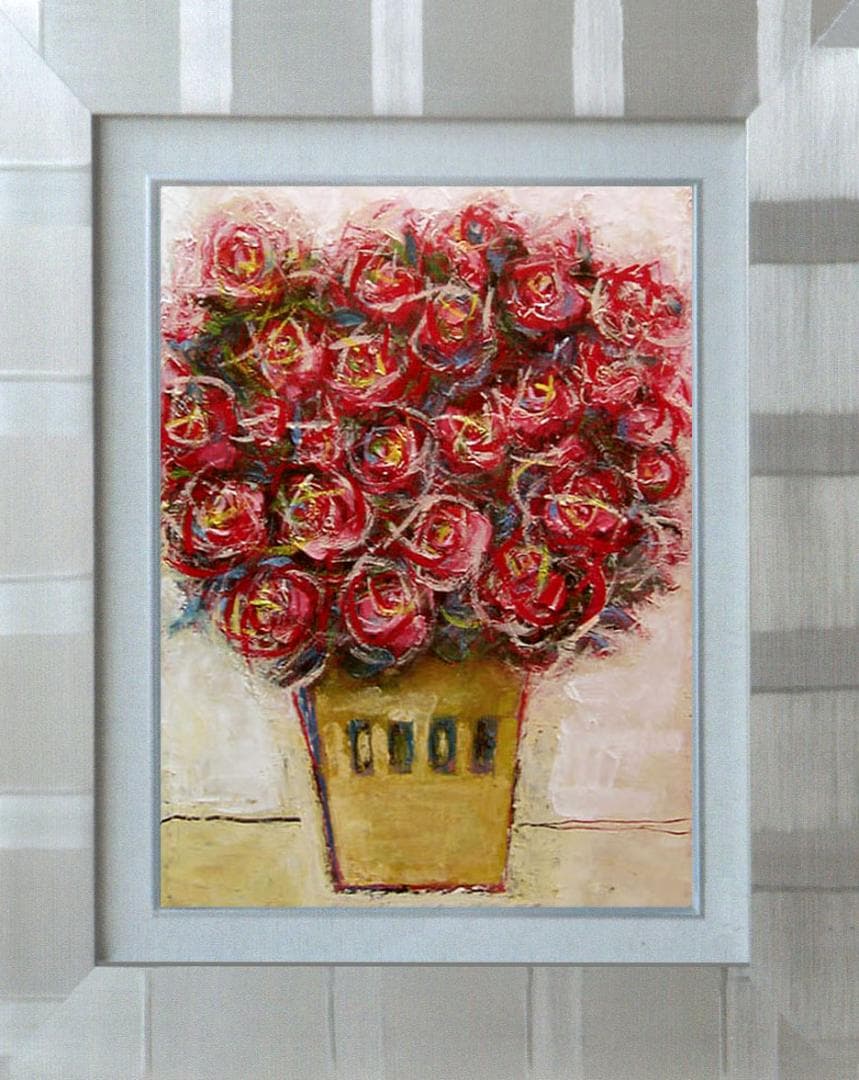 油絵 菅家令子 絵 絵画インテリア額付(青緑＋金色の枠)uF6-110902ばら