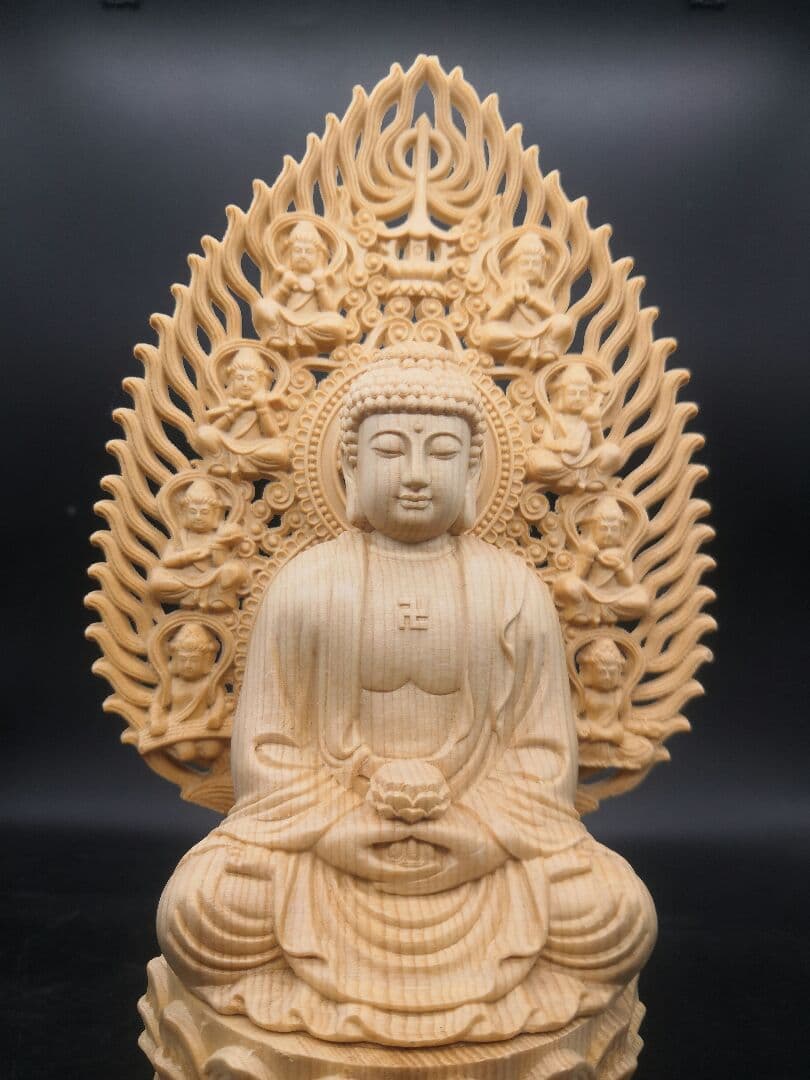 【修縁堂】仏像 阿弥陀如来坐像 八角蓮華丸台座 木彫供養仏 仏教縁起物 祈願風水