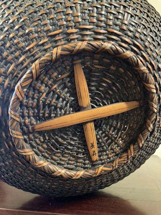 アンティーク竹編み籠　大型　花籠　在銘　美品