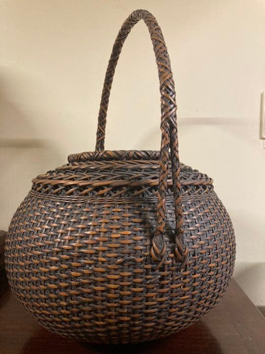 アンティーク竹編み籠　大型　花籠　在銘　美品
