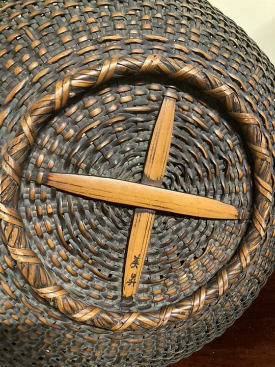 アンティーク竹編み籠　大型　花籠　在銘　美品