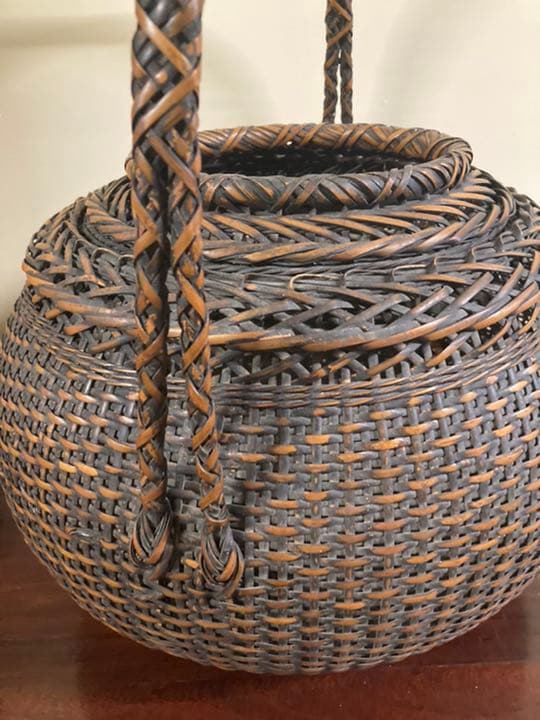 アンティーク竹編み籠　大型　花籠　在銘　美品
