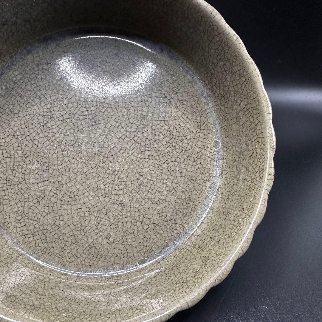 L113 汝磁開片レリーフ樽型洗文房アンティーク