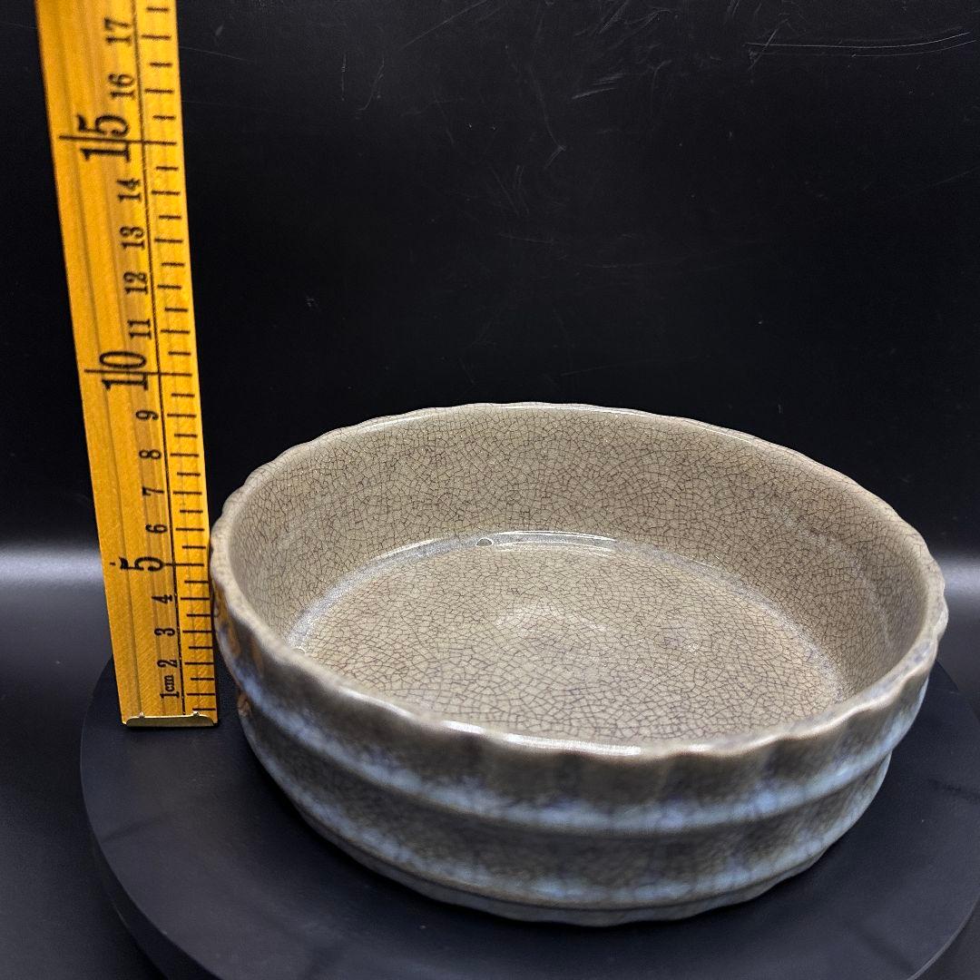 L113 汝磁開片レリーフ樽型洗文房アンティーク