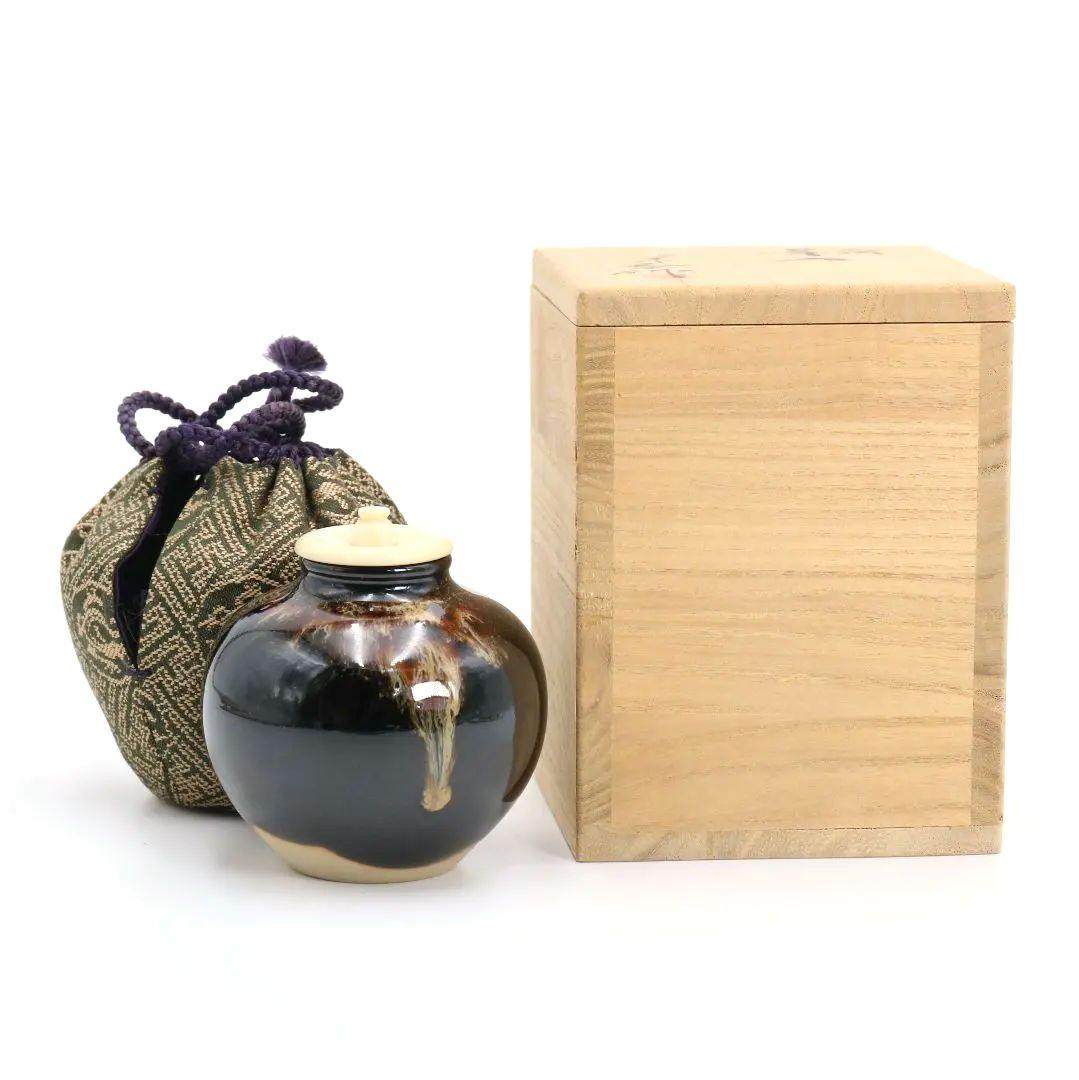 桶谷定一作 高取焼 文琳茶入 細川緞子仕覆付 茶道具 共箱　V543　DC3