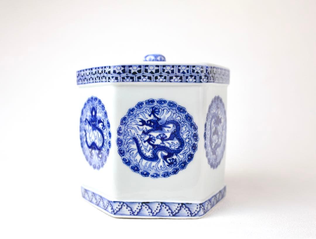 大正期 平安三国丹祐 染付『倣明窯青華龍文』六角水指団龍の絵代わり