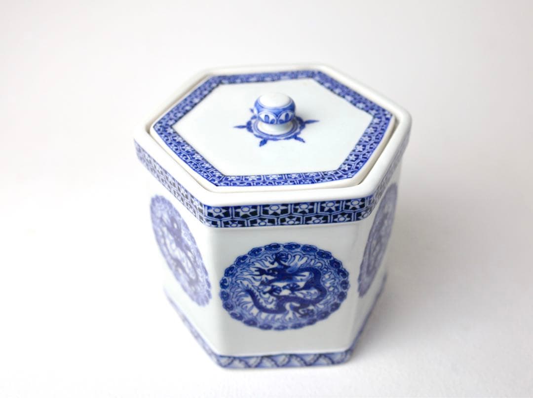 大正期 平安三国丹祐 染付『倣明窯青華龍文』六角水指団龍の絵代わり