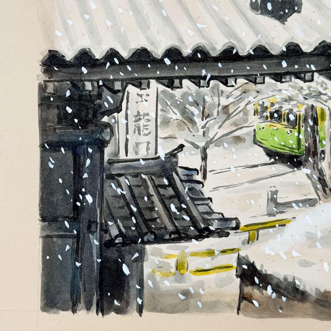 真作 田口雅巳『雪の竜口寺』水彩画 直筆 原画 共シール 落款完備 額装 江ノ電