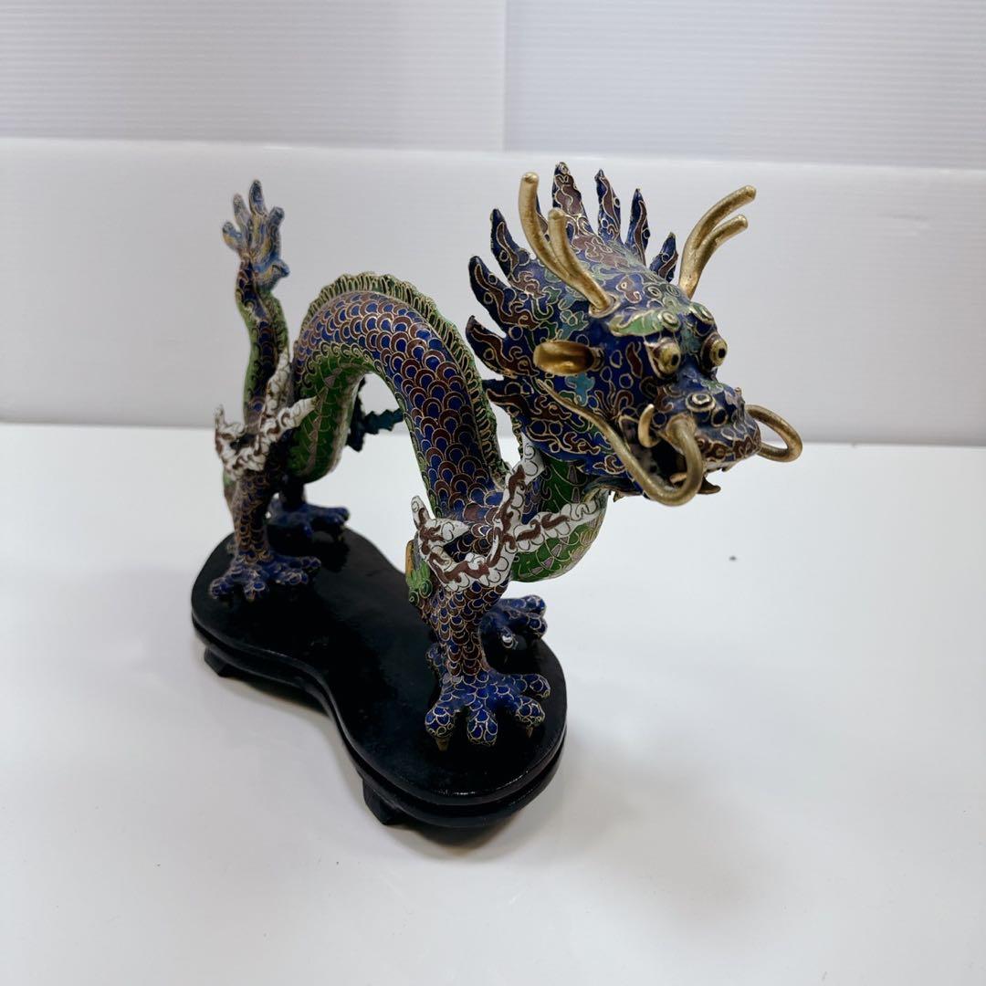 k649 中国 ドラゴン 龍 竜 七宝焼 飾台付 置物 オブジェ 珍品 五本爪