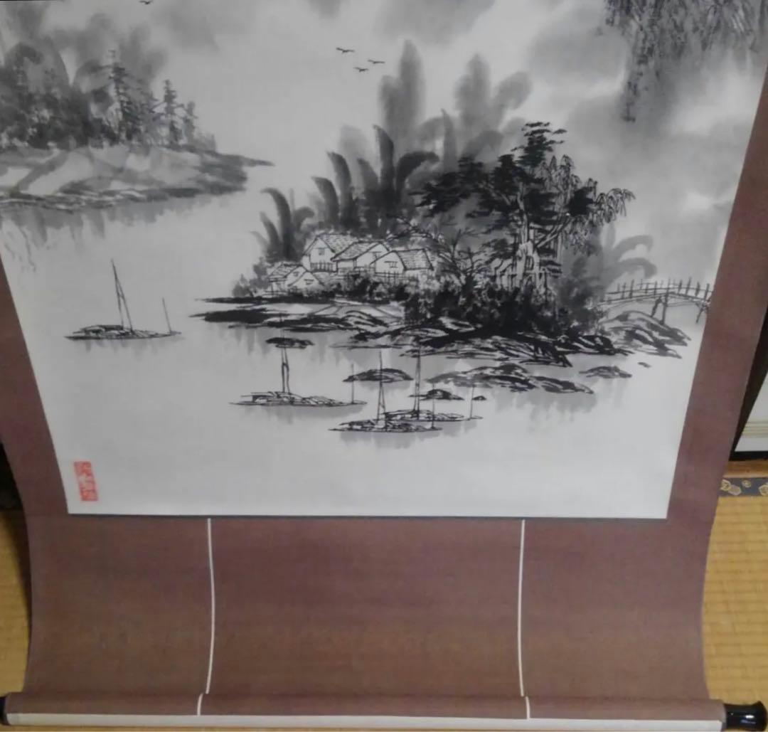 中国の水墨画、盧景春 肉筆漓江煙雨 掛け軸 大幅 名品绘画 。