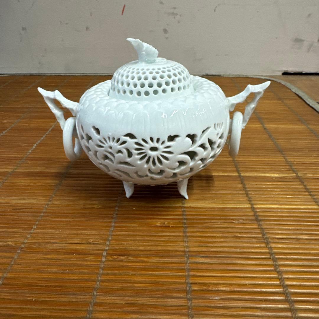 杉原 一壷 香炉 有田焼 白磁 香炉 透かし彫り 共箱付