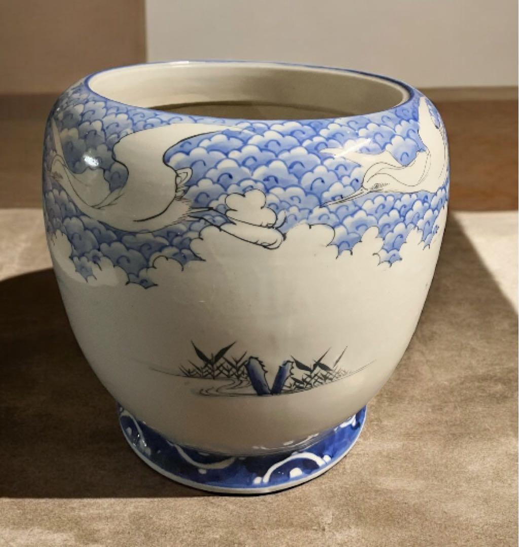 旧家蔵出し品　古伊万里　火鉢　瑞雲　空を舞う鶴　灰付