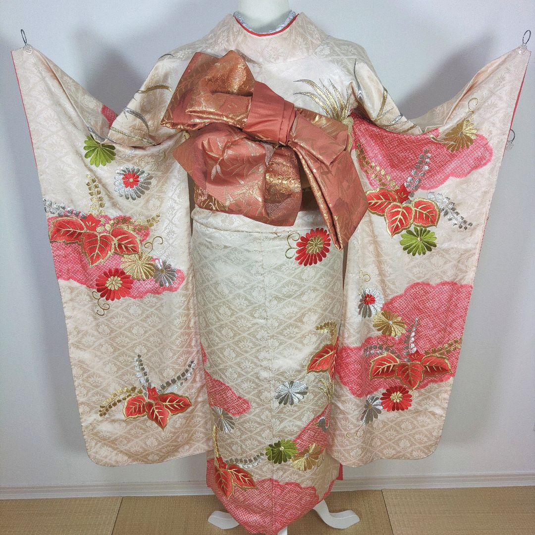 格安！　振袖フルセット　9点　成人式　結婚式　前撮り　白　ピンク　総刺繍　絞り柄
