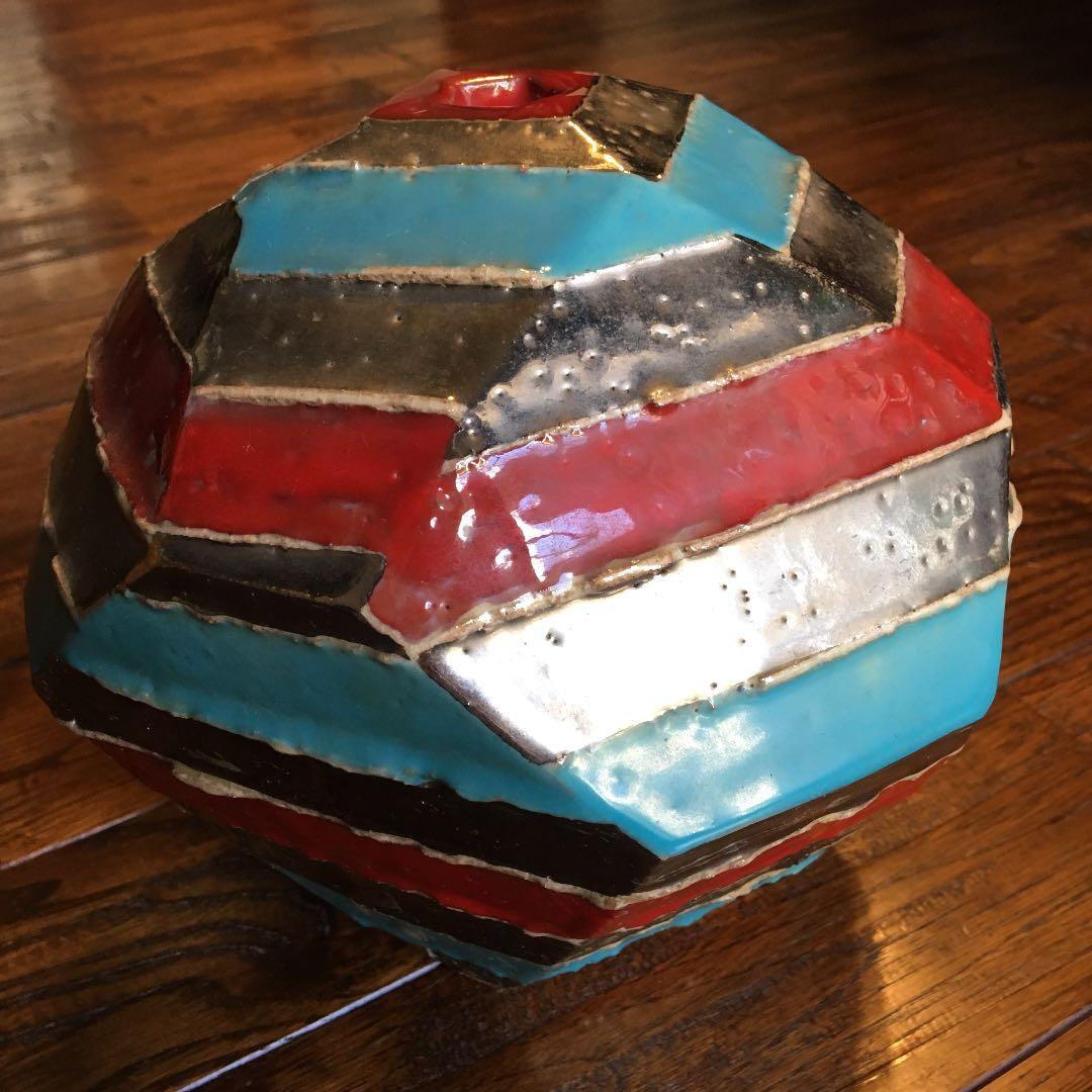 希少珍品！益子焼 瀬戸浩 赤青彩 銀條文壺 塩焼〆多面取壺 花器 飾壺 古美術品