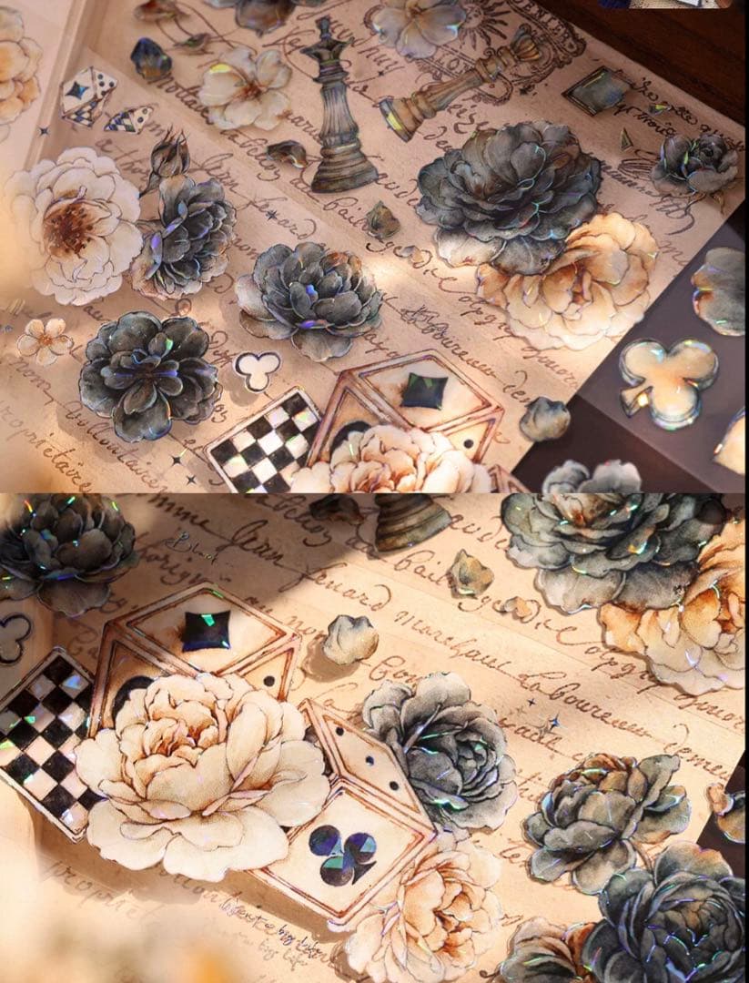 贝壳光 6cm×6m 黑白奕梦 海外マスキングテープ　海外マステ　花　トランプ