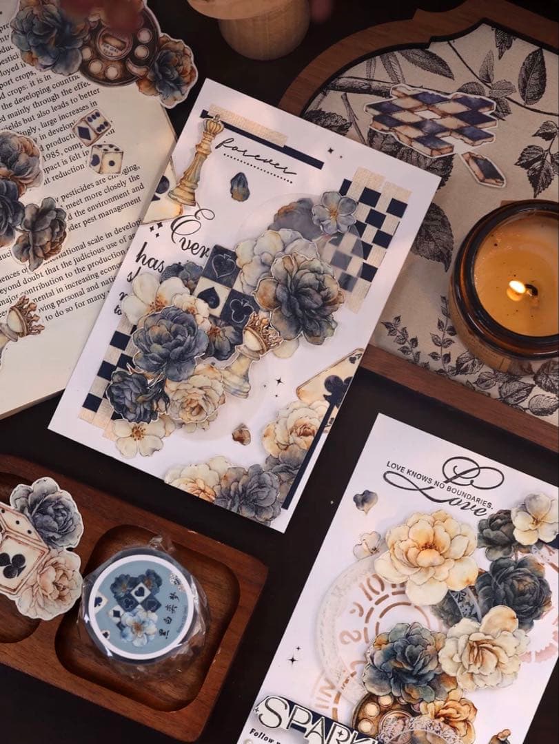 贝壳光 6cm×6m 黑白奕梦 海外マスキングテープ　海外マステ　花　トランプ