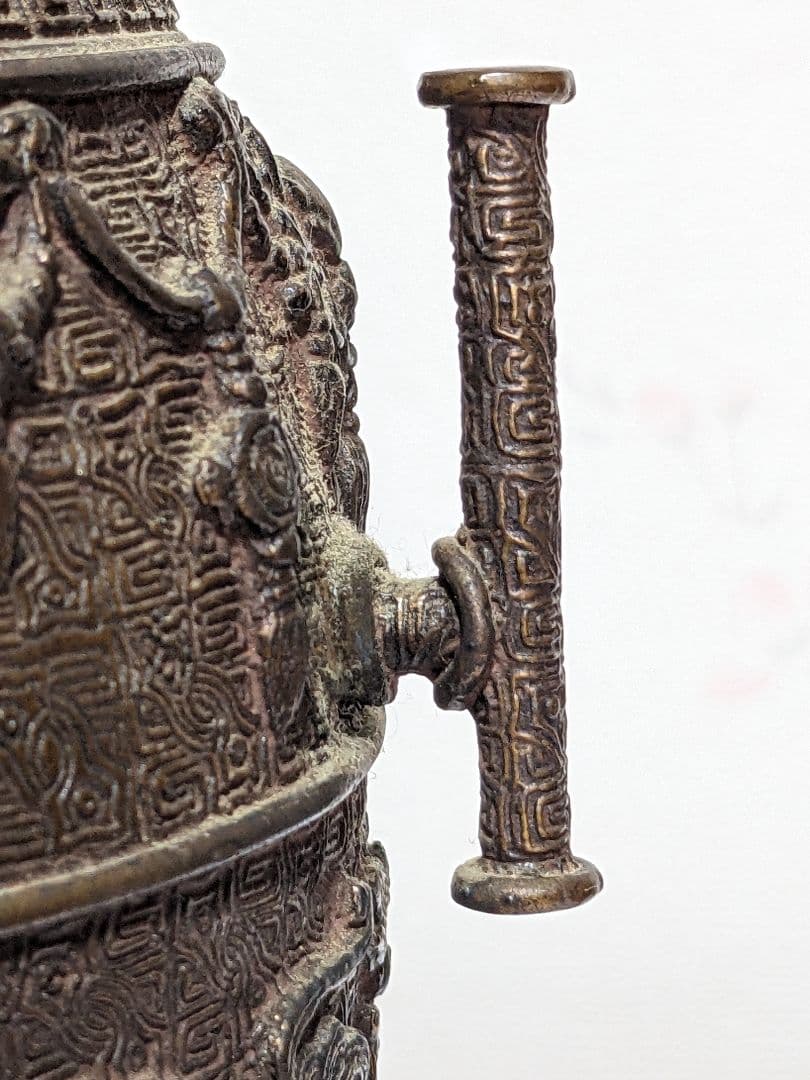 ⭐華道花活け 神獣 双耳亀甲瓔珞文様銅製 大日本文政年整珉鋳 細密鋳金骨董品