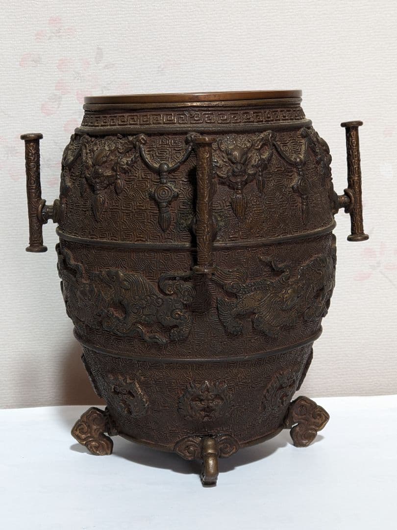 ⭐華道花活け 神獣 双耳亀甲瓔珞文様銅製 大日本文政年整珉鋳 細密鋳金骨董品