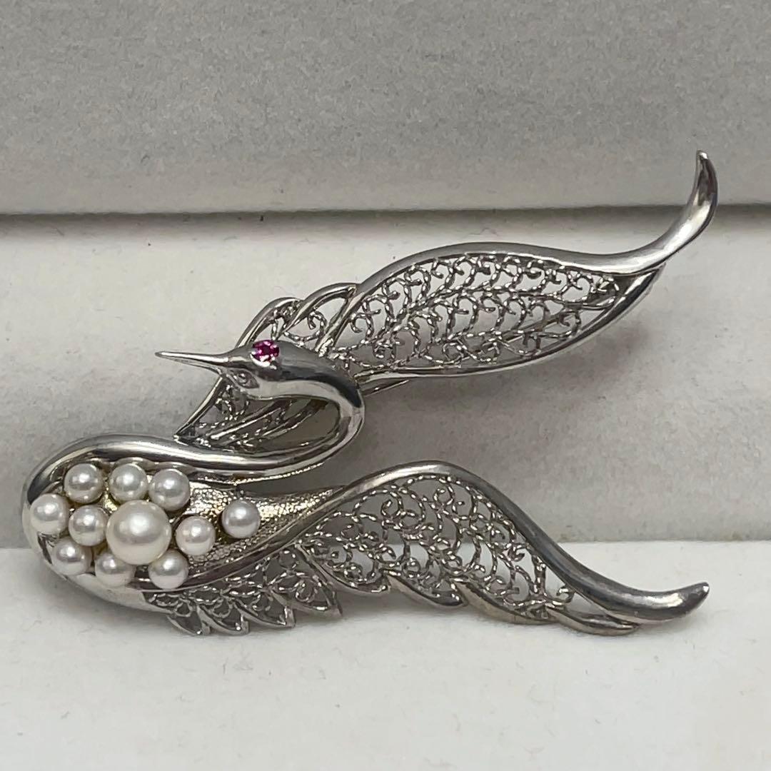 岩倉康二 銀製 白鳥ブローチ＆ペンダントトップ パール/ルビー付き 2way