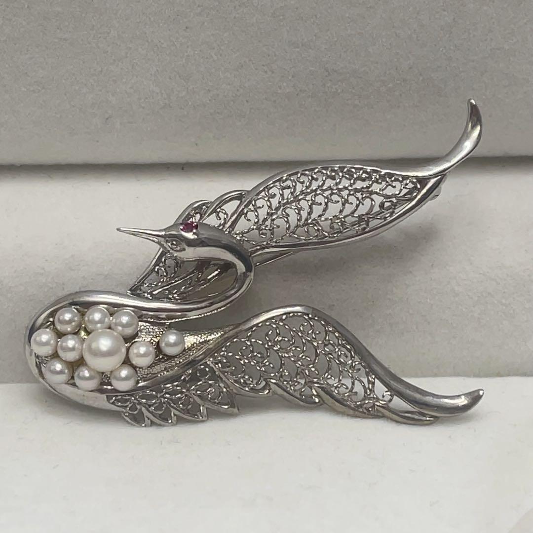 岩倉康二 銀製 白鳥ブローチ＆ペンダントトップ パール/ルビー付き 2way