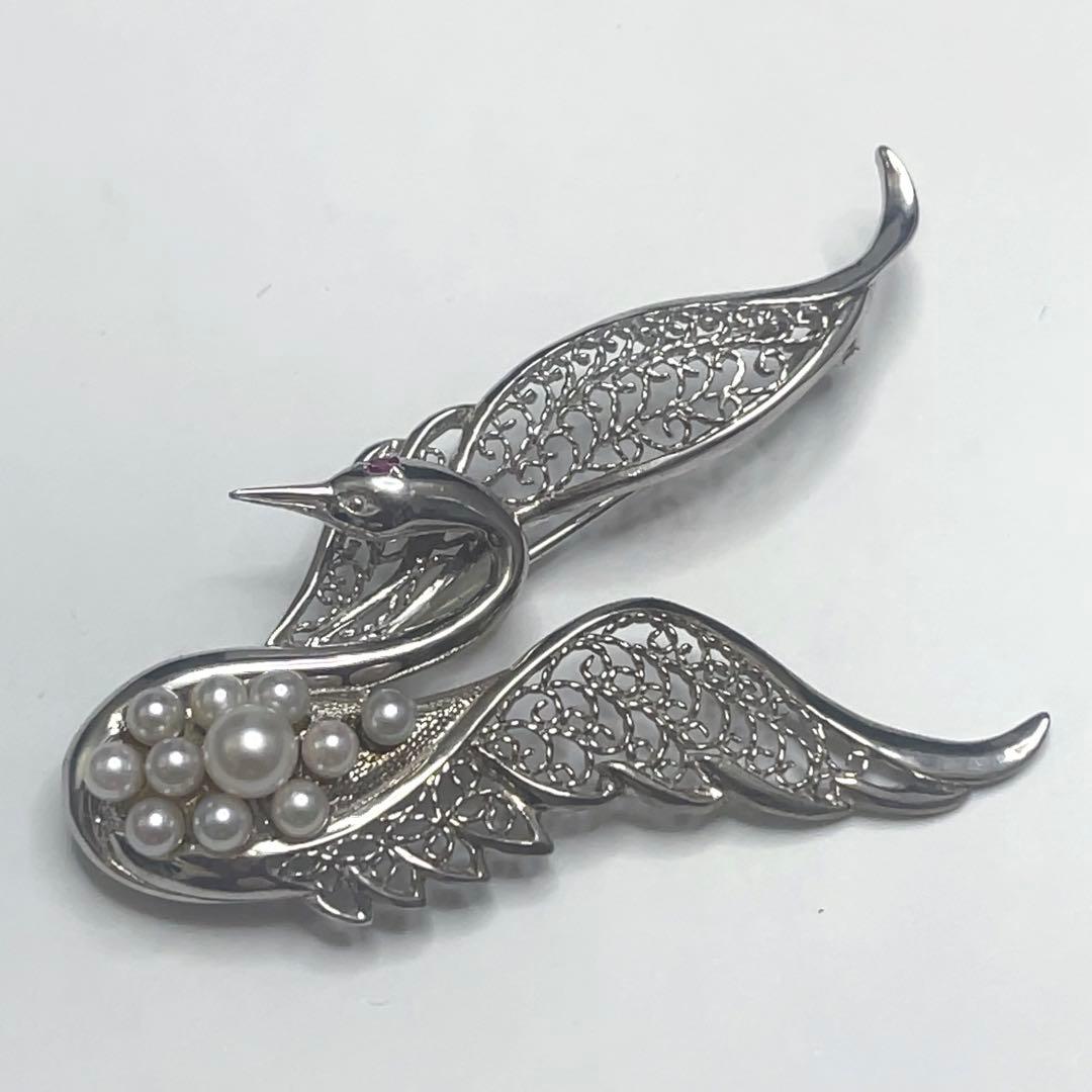 岩倉康二 銀製 白鳥ブローチ＆ペンダントトップ パール/ルビー付き 2way