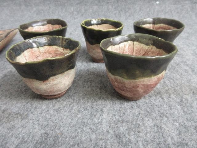 織部焼茶碗5個と扇皿1枚 [B27823]
