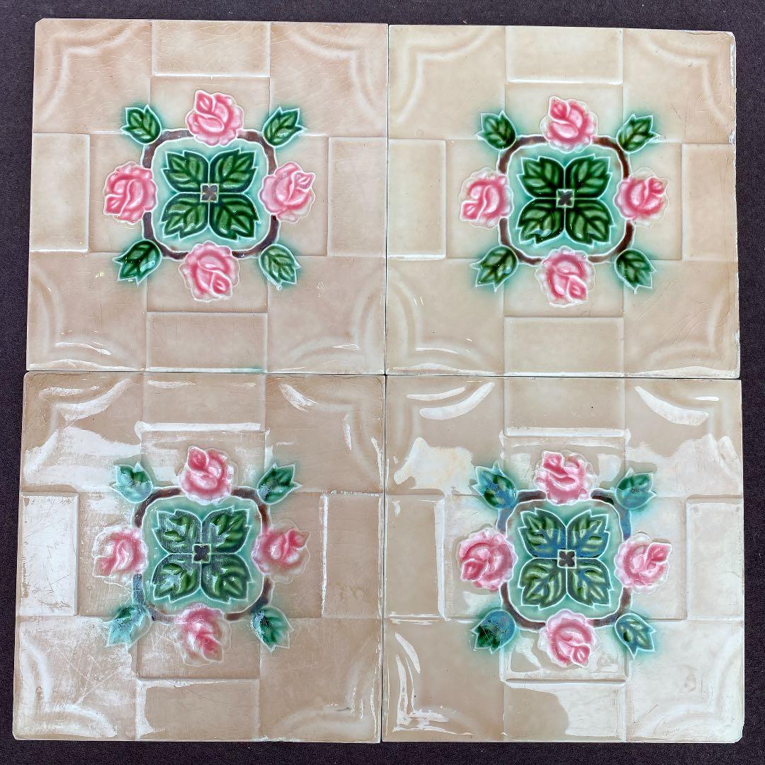 ハンドメイド日本製アンティークマジョリカタイルＡ⑥４枚セット　プラナカンタイル