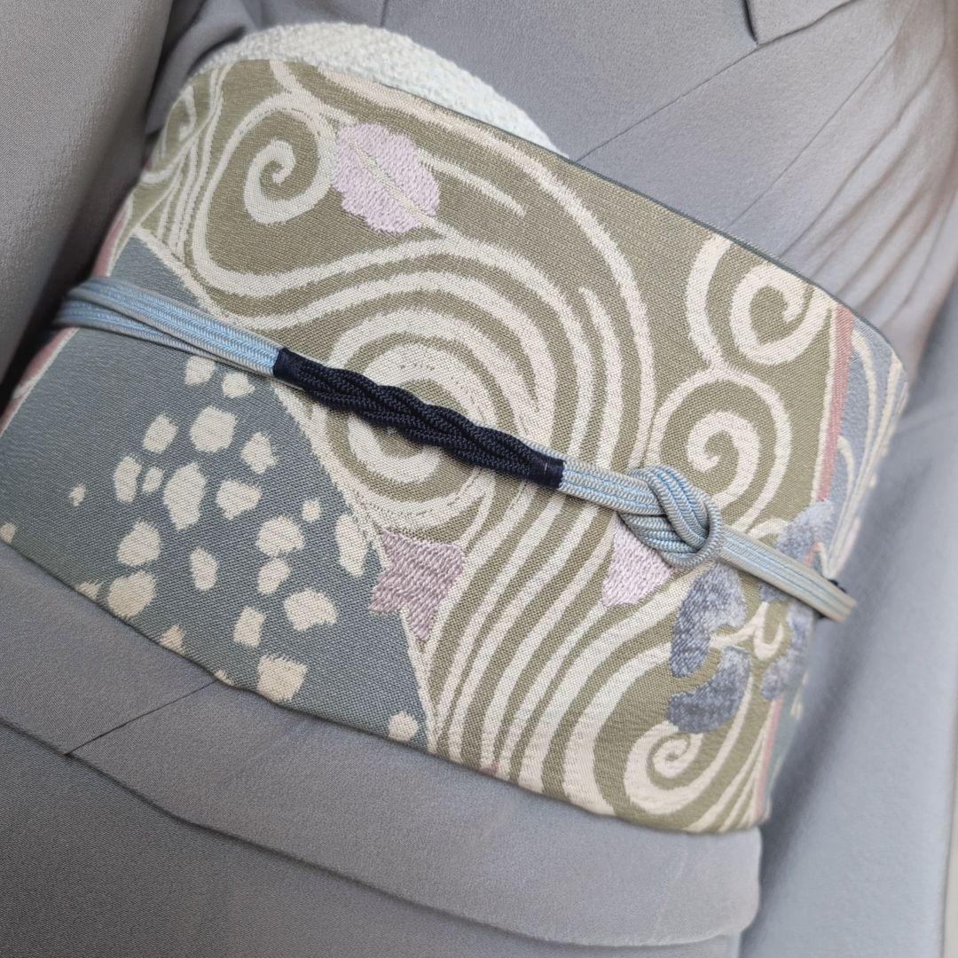 色無地　着物　フルセット　正絹　グレー　帯渦巻き　D2