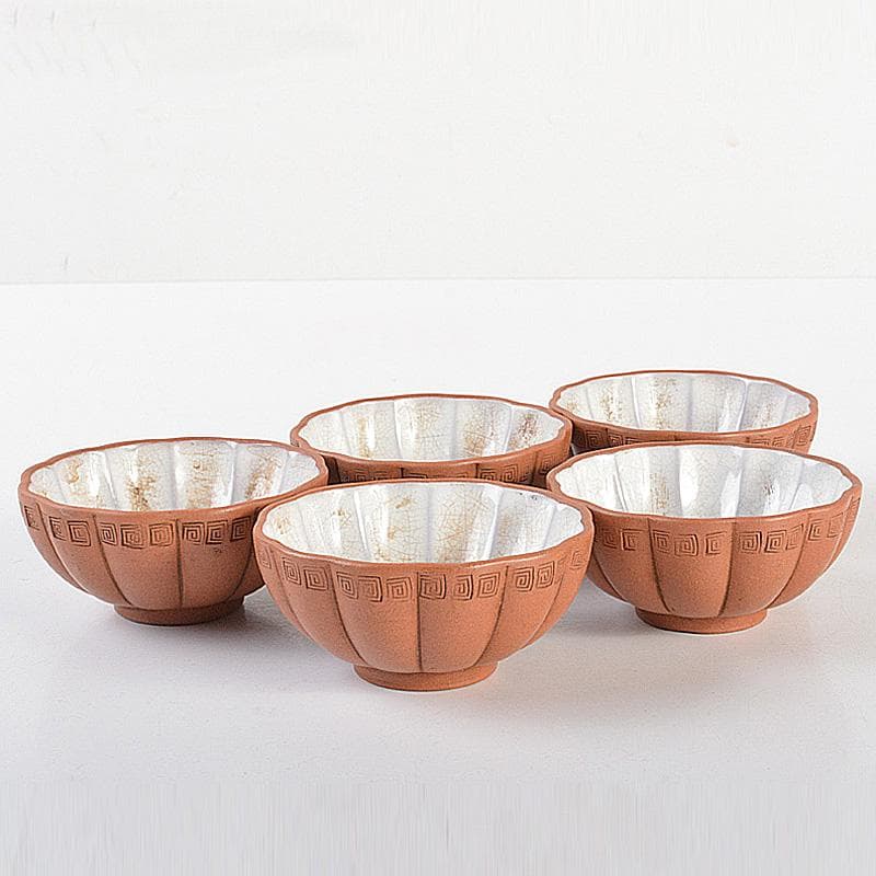 中国　紫砂　朱泥　内白釉　瓜形碗　煎茶器五客　V　R6674E