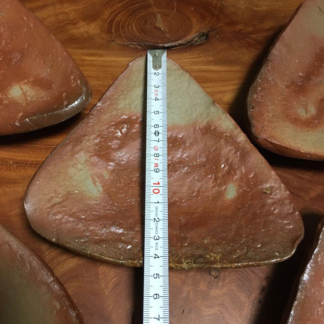 備前焼　緋襷　足つき三角タタキ皿　5客揃　たたき皿