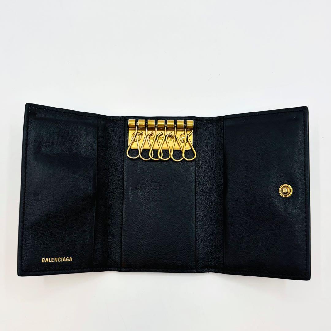 【美品】バレンシアガ キーケース 6連 レザー BB柄 ゴールドロゴ ブラック