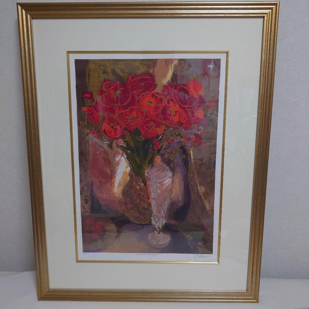 アンドリュープライス　赤いバラ　版画　花　絵画　静物画　花瓶　額入り
