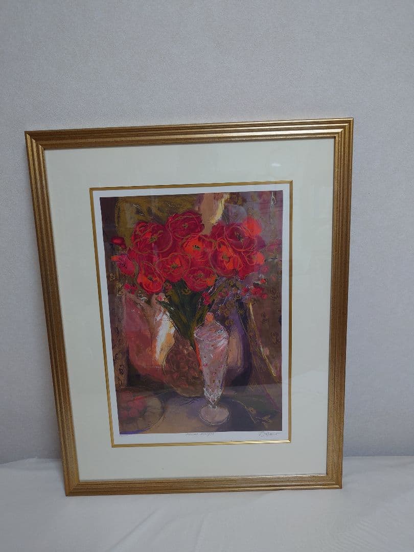 アンドリュープライス　赤いバラ　版画　花　絵画　静物画　花瓶　額入り