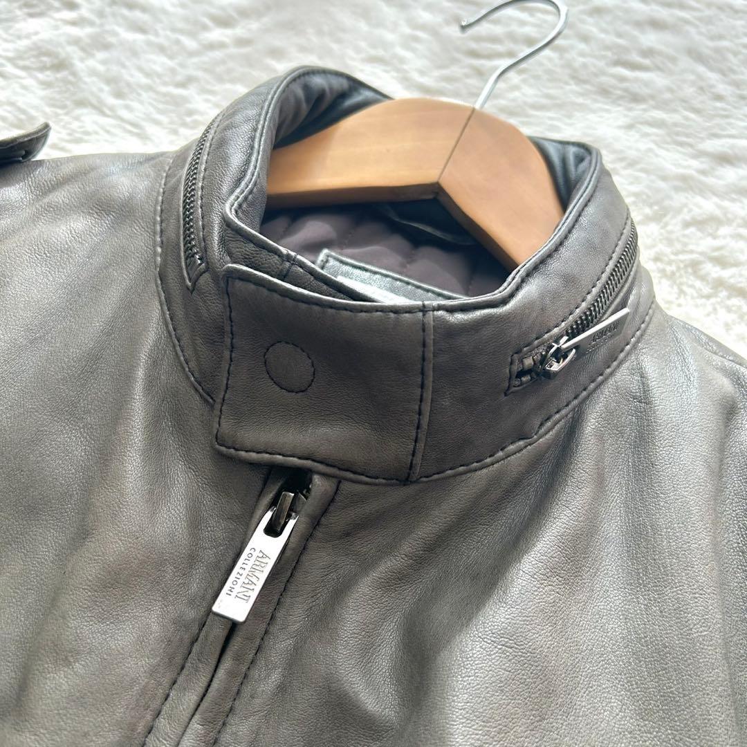 ARMANI COLLEZIONI 羊革 フーデッド レザージャケット 48