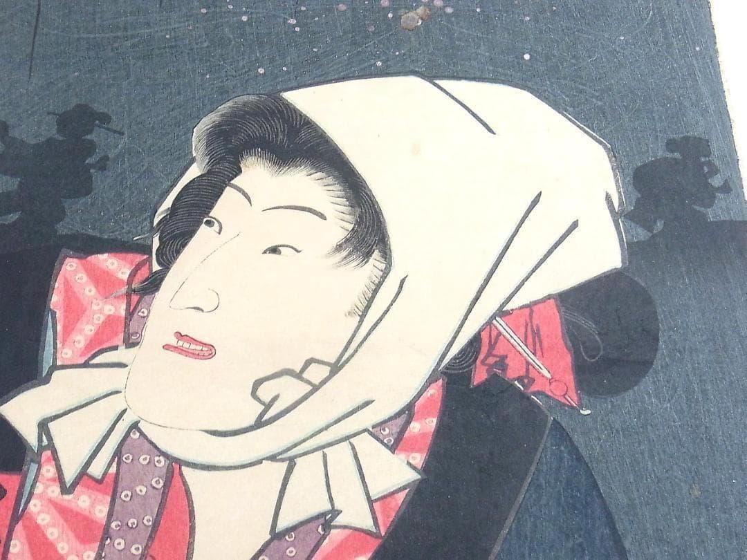 歌川国貞 浮世絵 木版画 2枚続 女郎と町人男の夜逃げ場面 江戸時代 歌舞伎絵