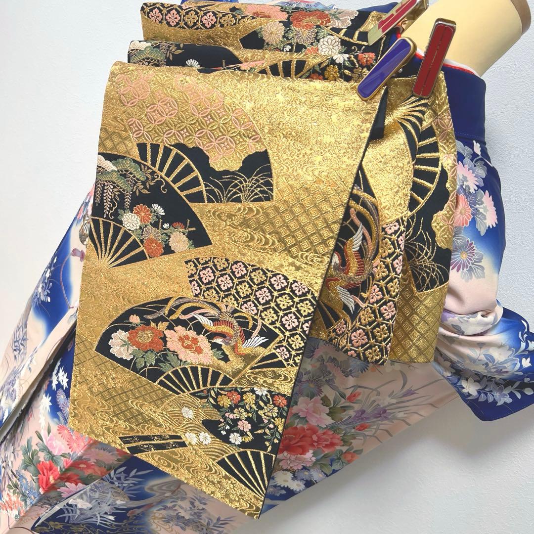 419 振袖フルセット 正絹 青 ブルー 金彩 刺繍 暈し染め