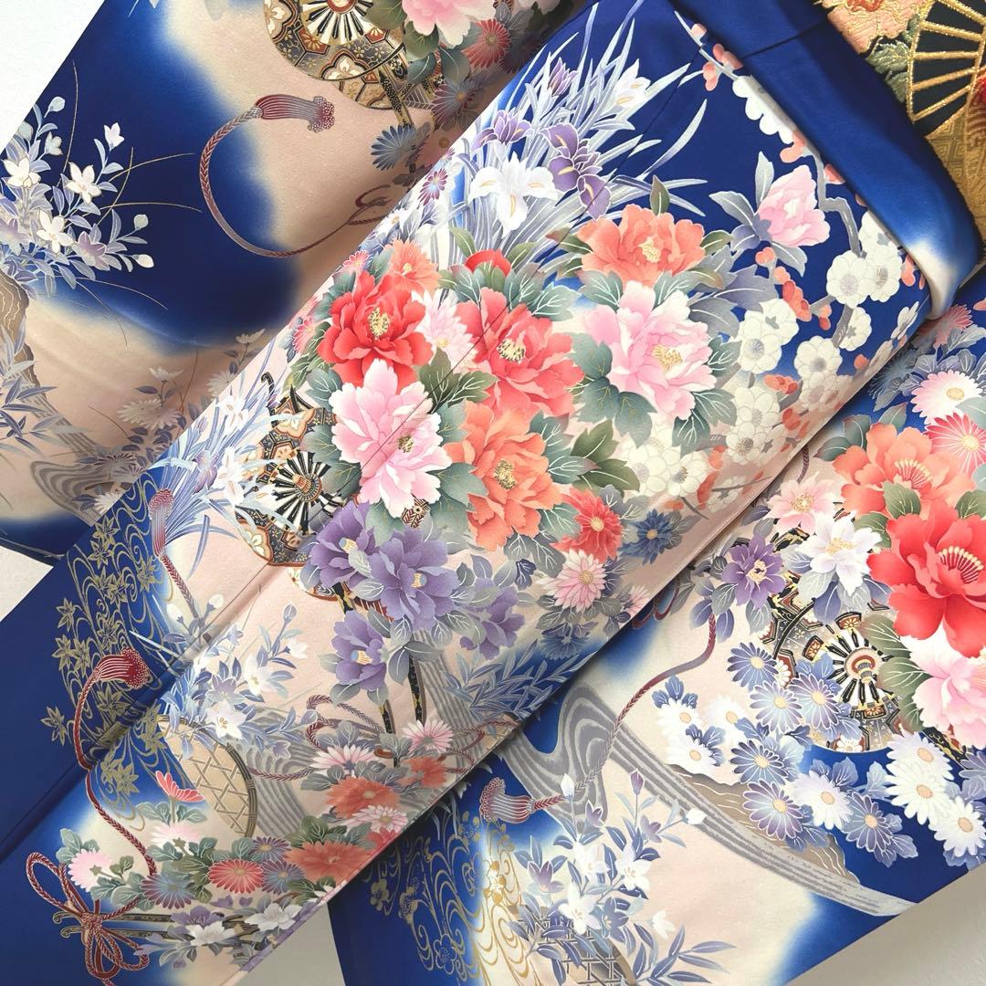 419 振袖フルセット 正絹 青 ブルー 金彩 刺繍 暈し染め
