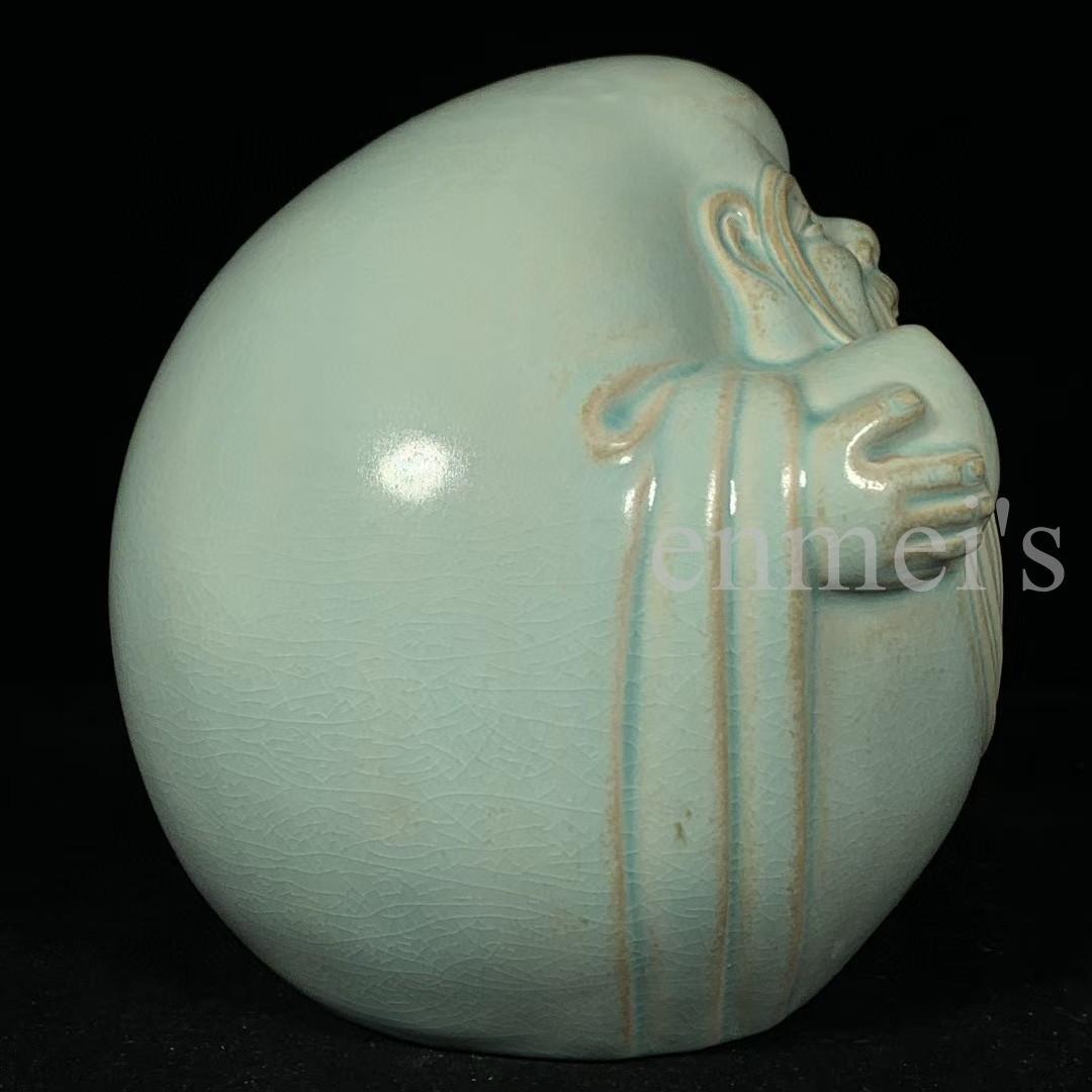 中国古美術・旧蔵品 宋代 汝窯 寿星像 青釉 雨過天青 装飾品・縁起物・文房置物