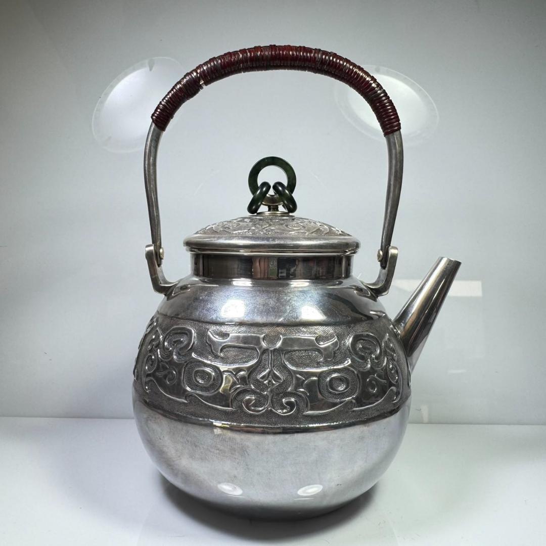 純銀製 蔵六 砲口湯沸 貴石摘 銀瓶 箱付 古美術品 純銀保証 湯沸 やかん