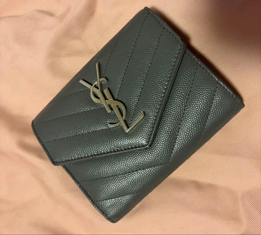 YSL 二つ折り財布 グレー レザー