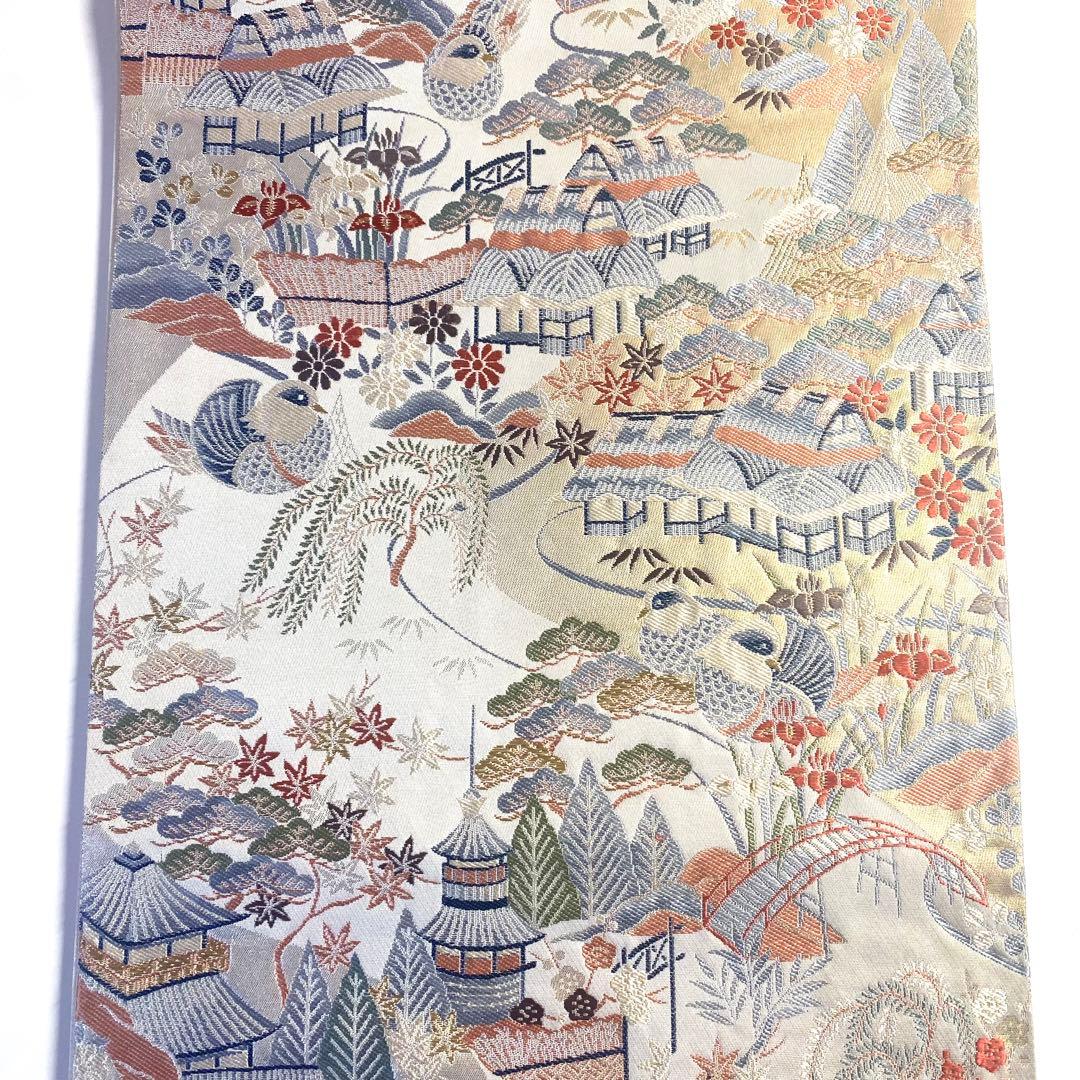 5k524 袋帯　絹　西陣織　まいづる織物　茶辻風景紋　唐織　鴛鴦　花柄　和装