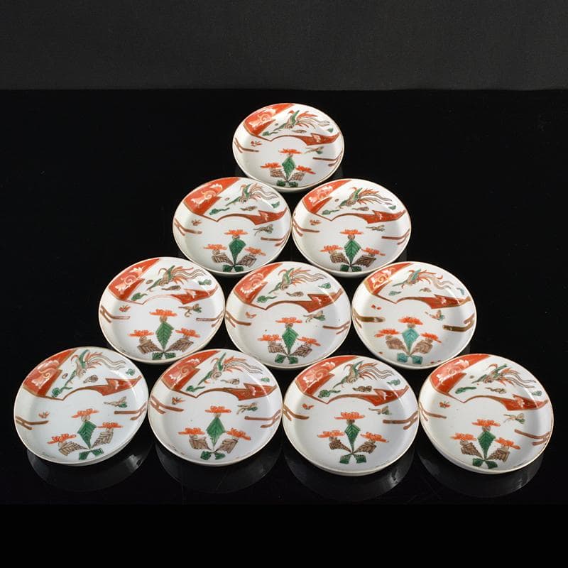 伊万里焼　古伊万里　赤絵金彩　鳥蒲公英文　小皿　十客　時代箱付　C　R6176