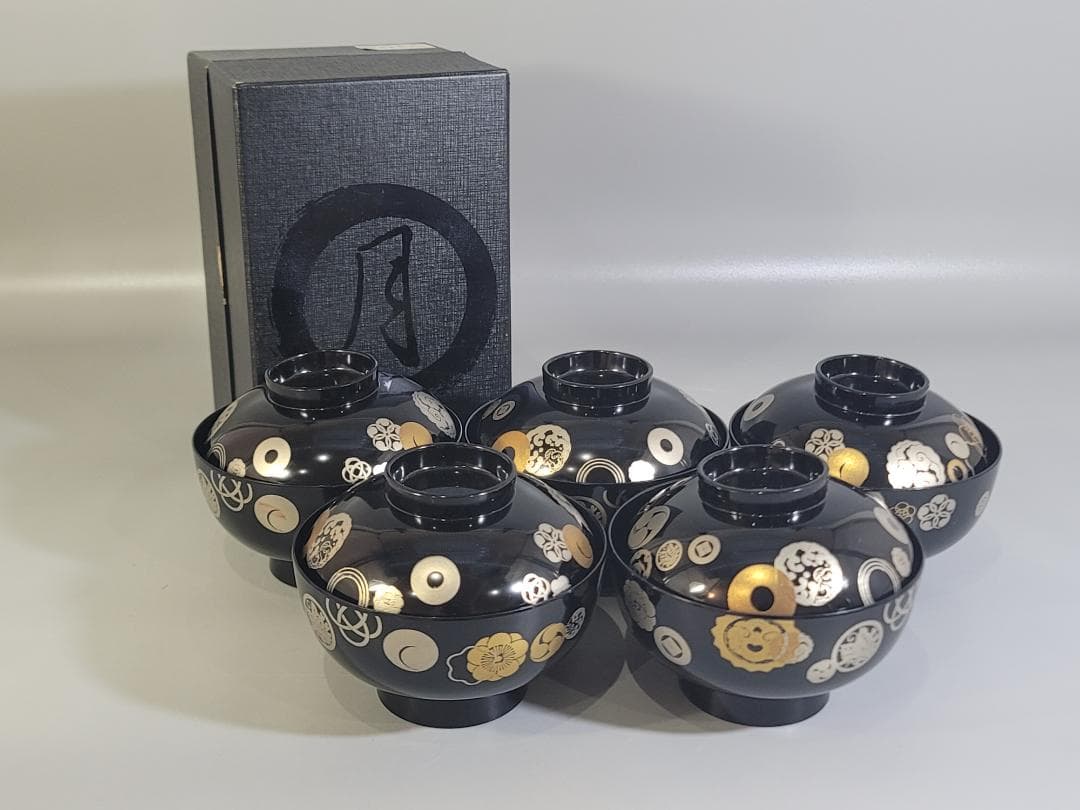 金銀 家紋散 蒔絵 吸物椀 五客 美品 DT339