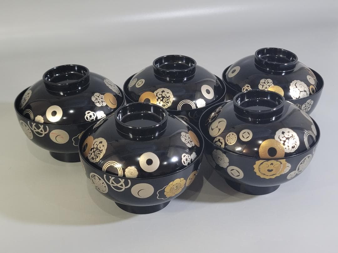 金銀 家紋散 蒔絵 吸物椀 五客 美品 DT339