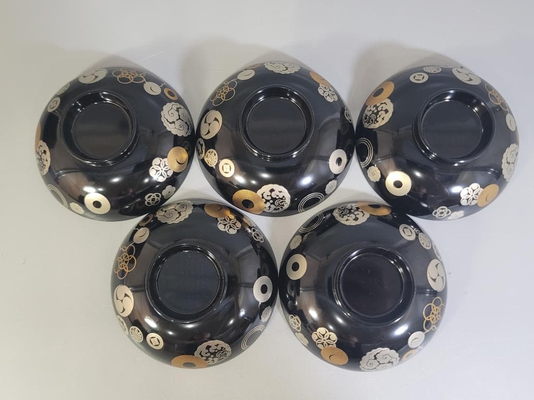 金銀 家紋散 蒔絵 吸物椀 五客 美品 DT339