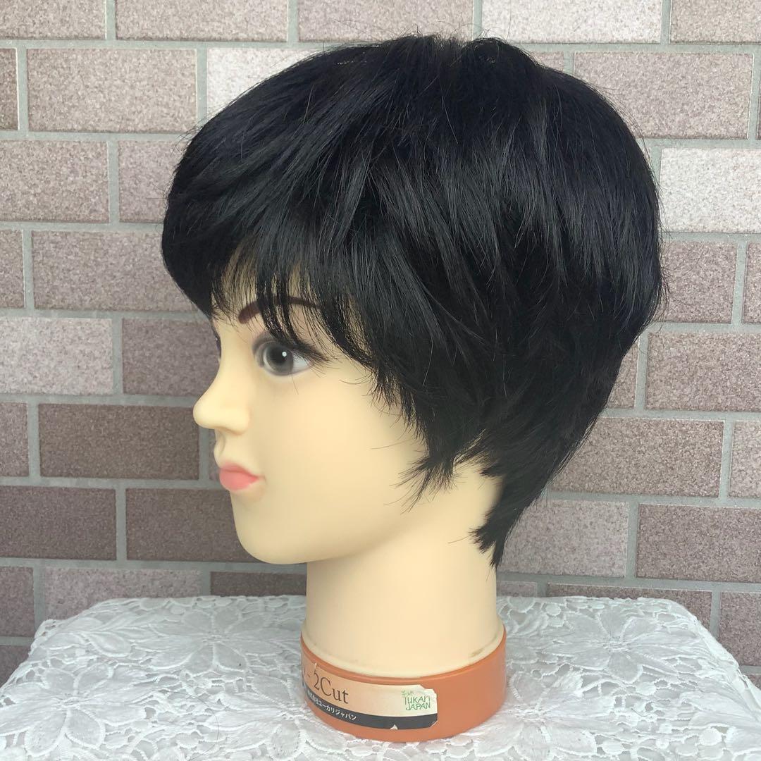 人毛100% 手植えフルウィッグ 医療ウィッグ ショートカール ブラック