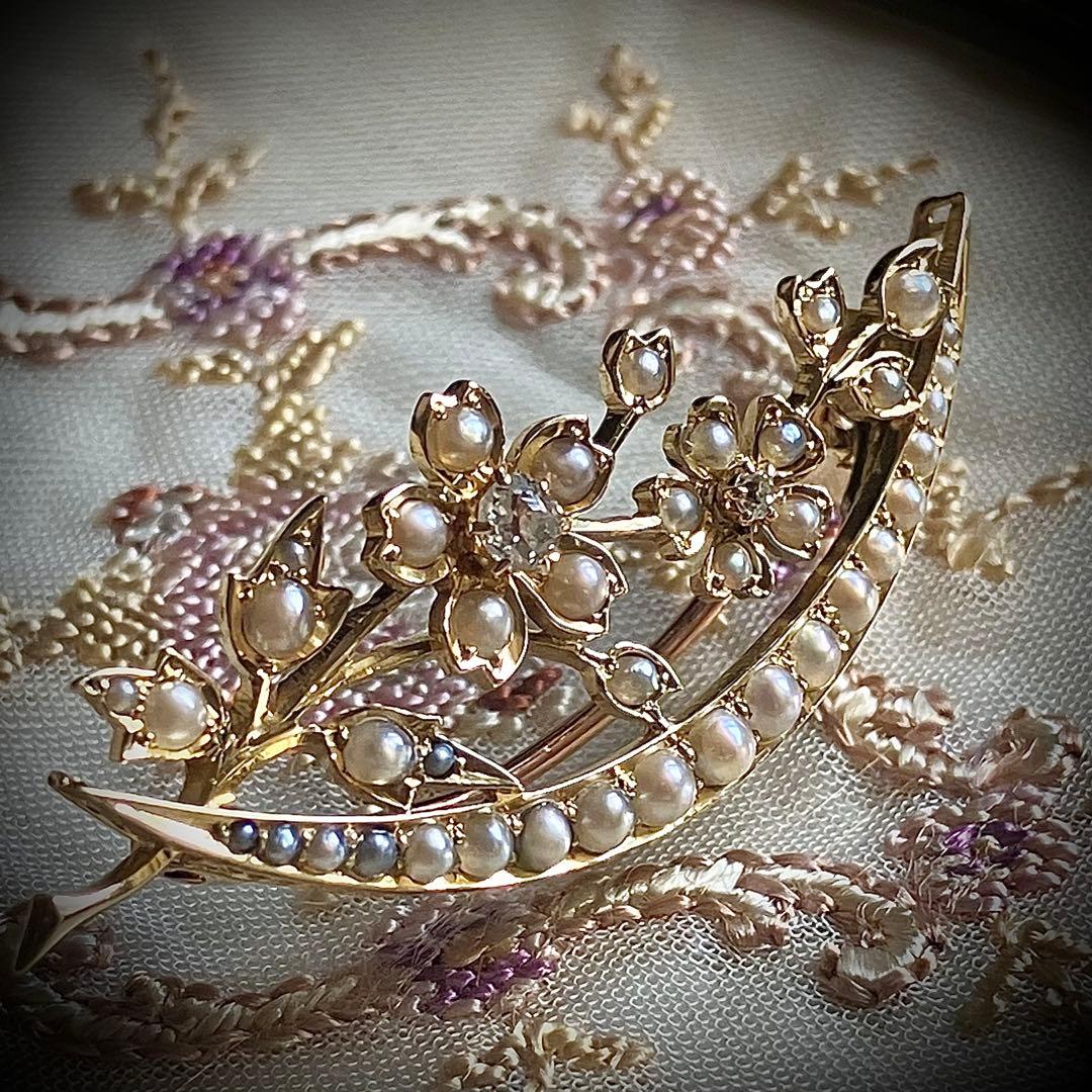 k18 ヴィクトリアン　オールドマインカットダイヤモンド＆シードパール　ブローチ