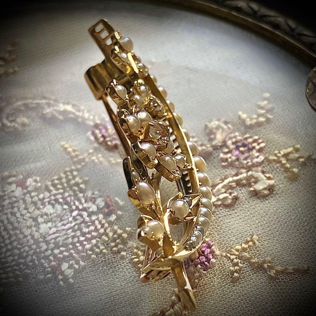 k18 ヴィクトリアン　オールドマインカットダイヤモンド＆シードパール　ブローチ