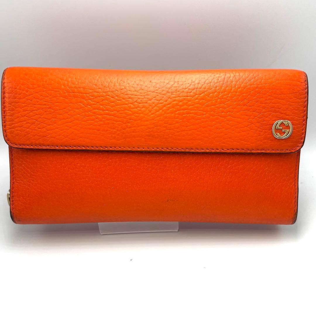 GUCCI グッチ 長財布 オレンジ レザー GGロゴ フラップ 箱付き