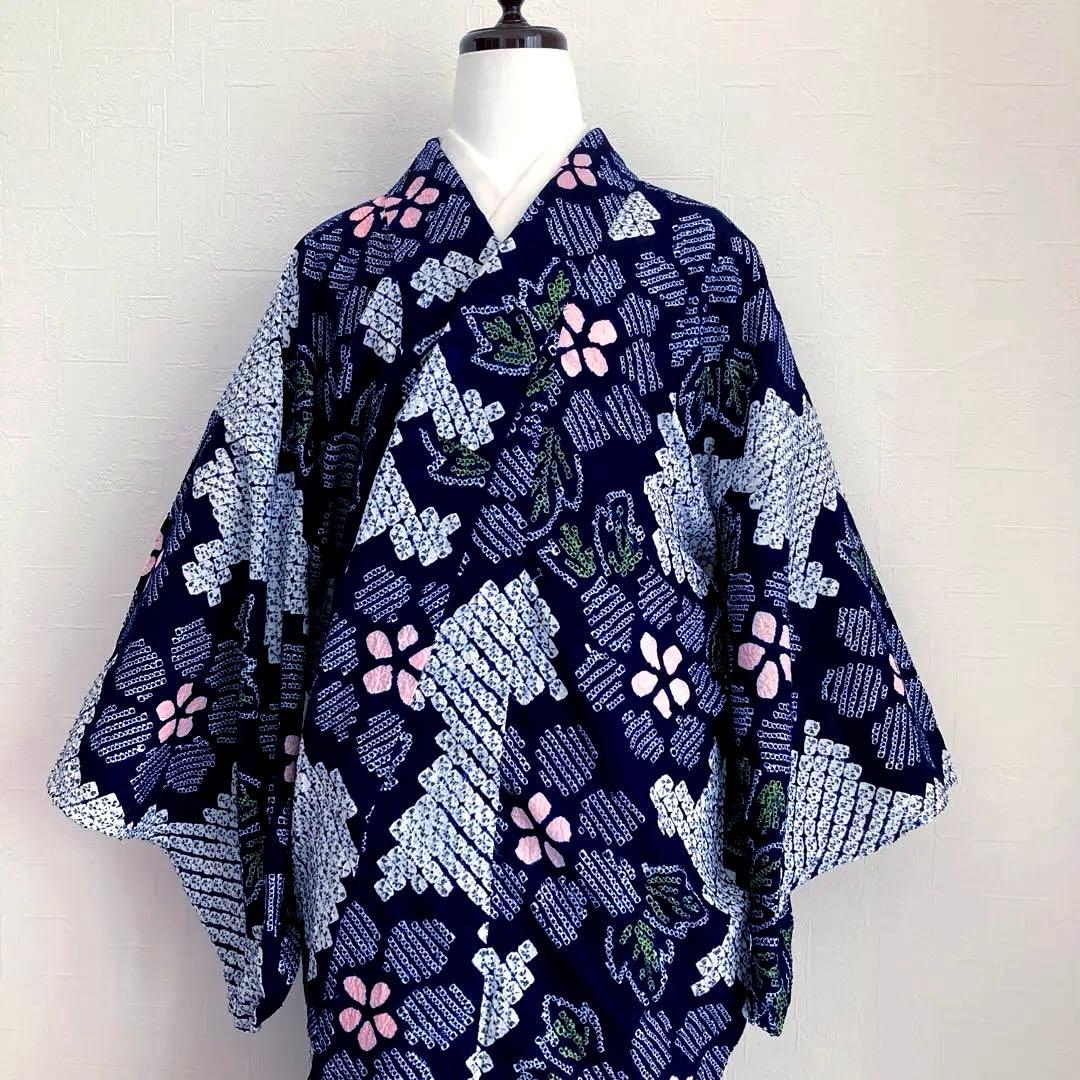 みっちん。 有松鳴海絞り浴衣・蜘蛛絞り 花模様　手縫い 広襟　No.-66